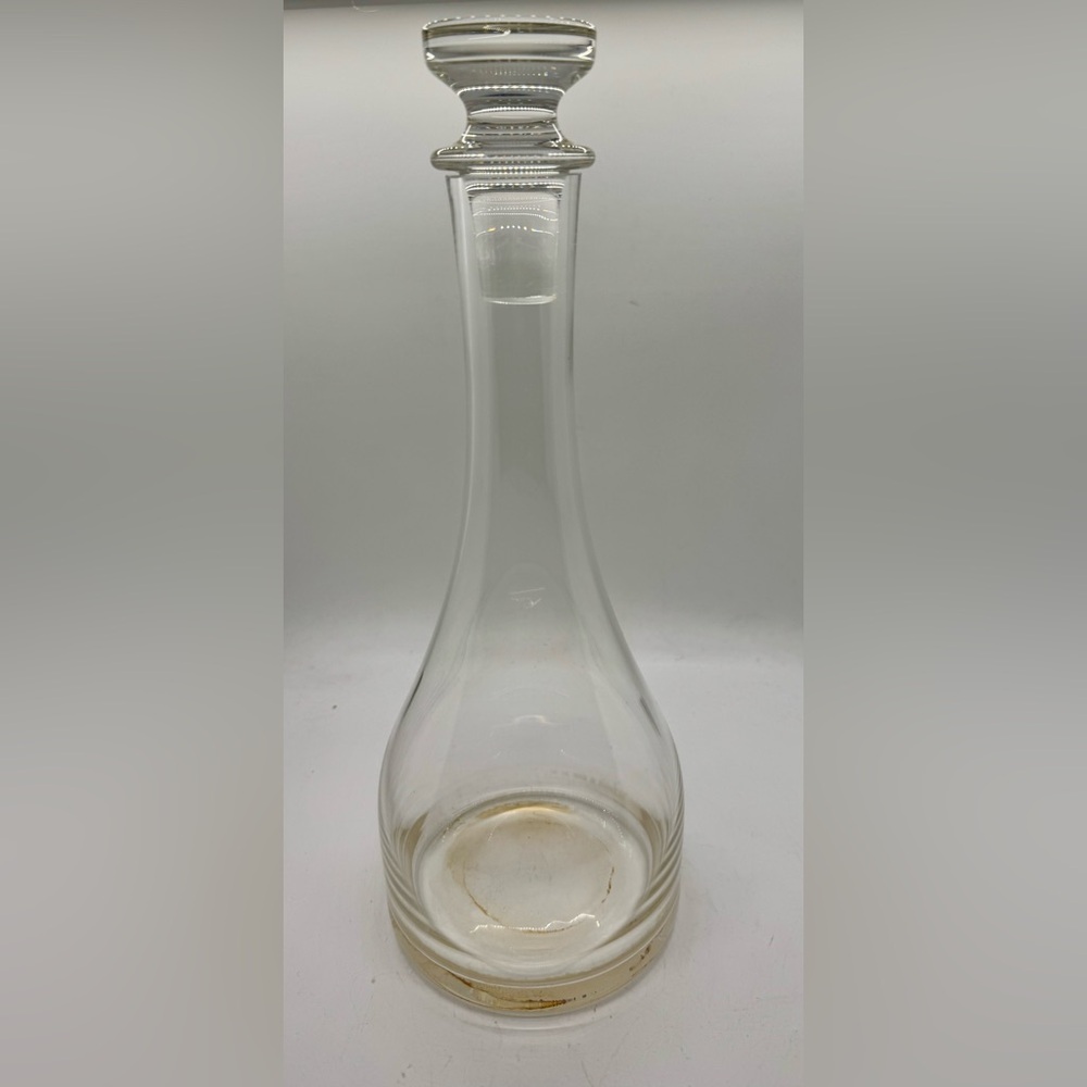 Liquor Wine Decanter Stopper Clear Glass Round Flat Base 12” Tall, Handmade.